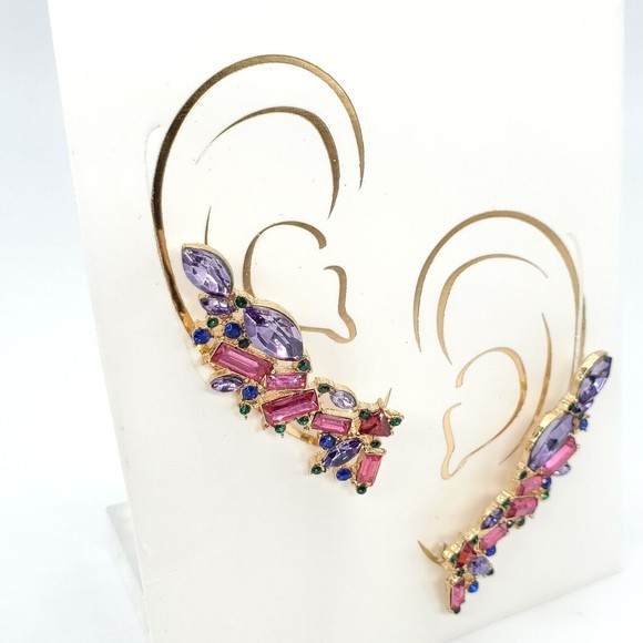 Nicole Miller Pink Purple Rhinestone Ear Crawler Earrings Eras Tour Taylor Swift - Picture 2 of 5